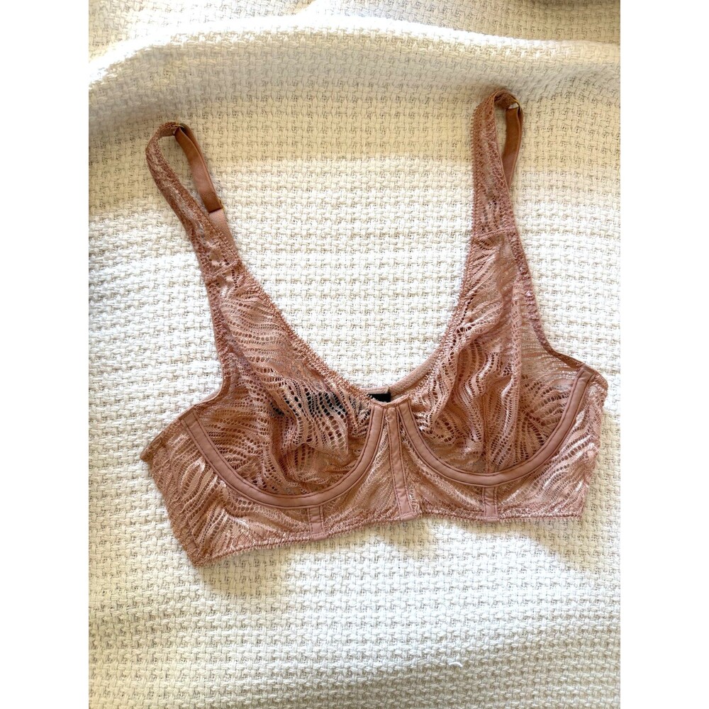Victoria's Secret Unlined Plunge Bra 34B Nude Tan Lace Underwire Sheer Mesh EUC